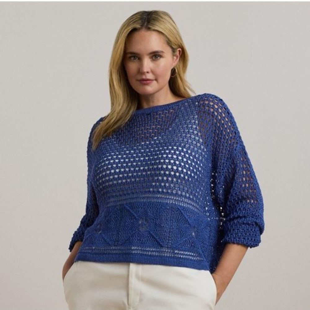 Lauren Ralph Lauren Women's Blue Pointelle-Knit Linen-Blend Sweater XL #A1